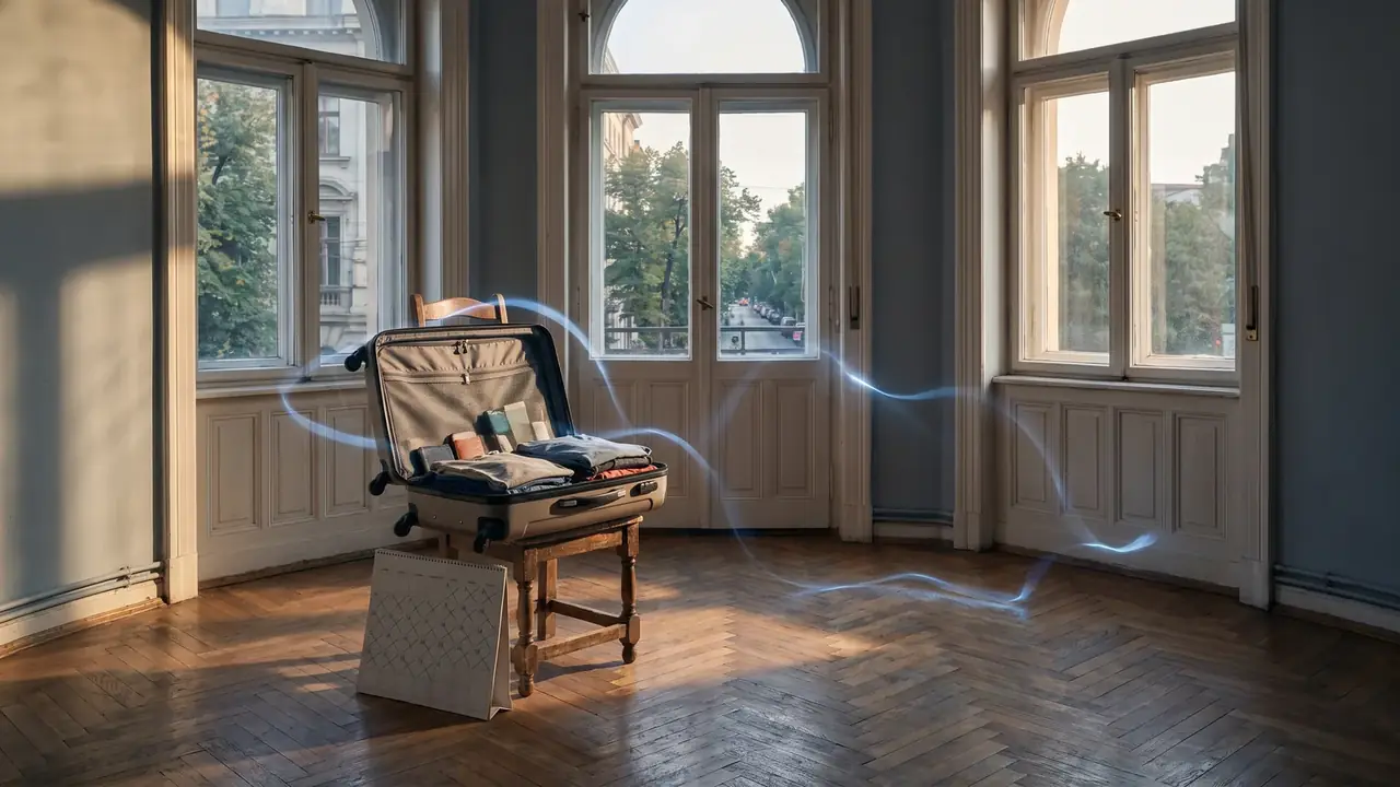 Open suitcase beside a desk calendar with marked days, relocation and tax residency between Israel and Romania