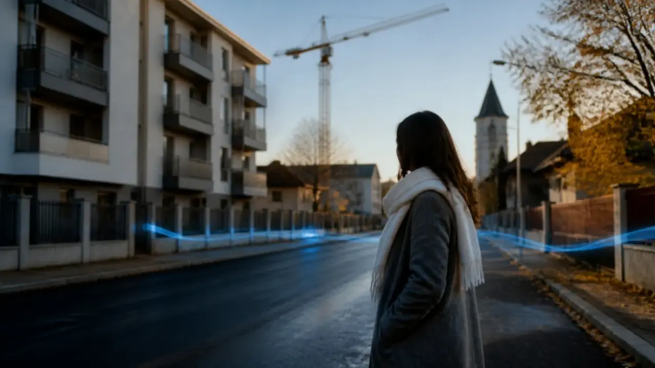 Neue niedrige Wohngebäude und ein Kran an einer Straße in Tunari, nördlich von Bukarest