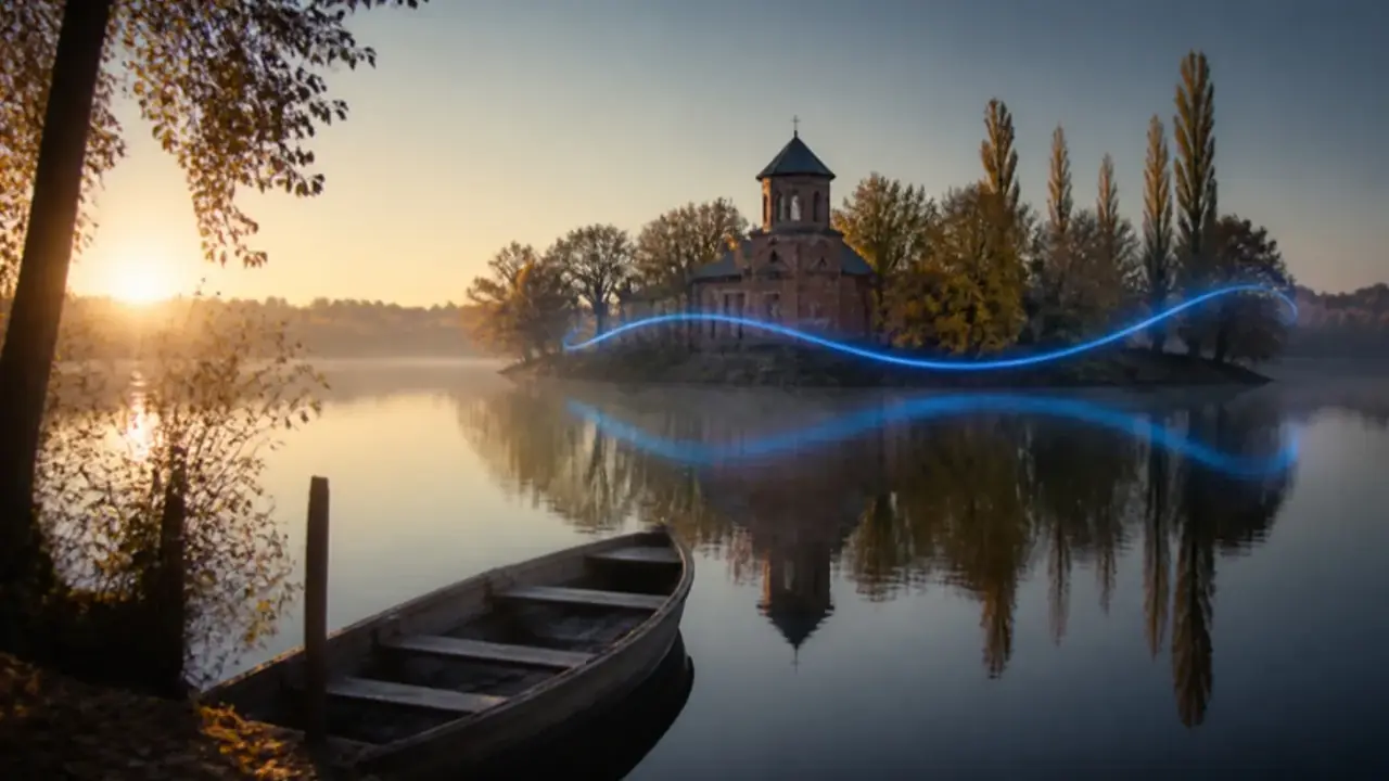 Der Snagov-See im Herbst mit dem Inselkloster zwischen den Bäumen