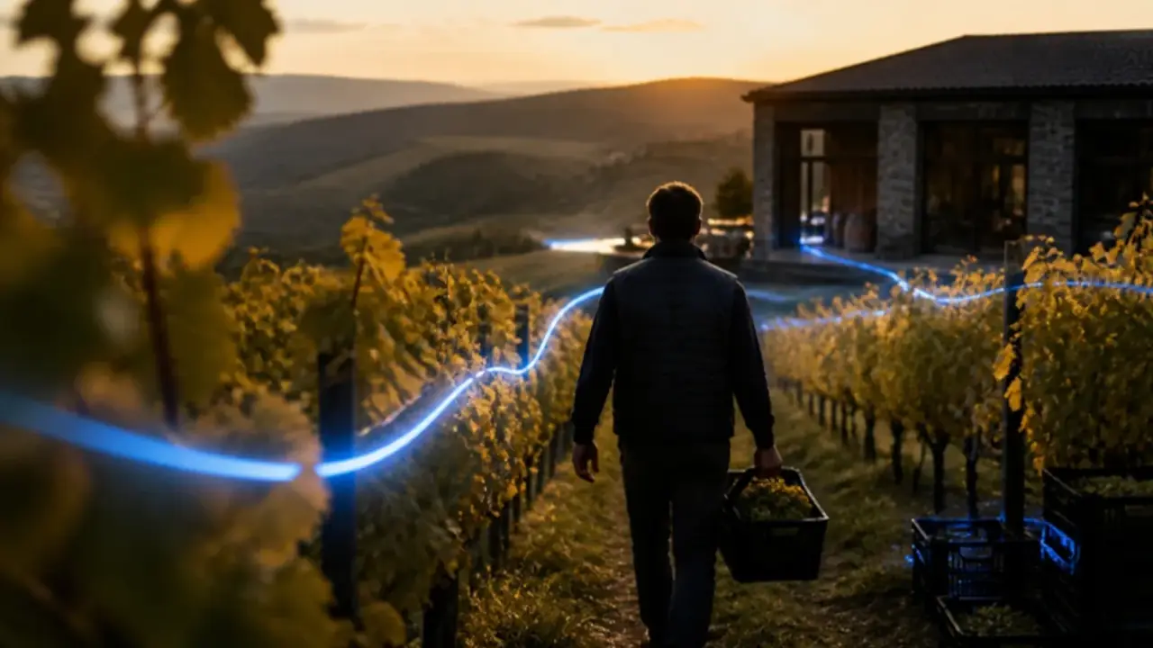 Vineyard rows on the hills of Dealu Mare in autumn, with a winery building in the distance