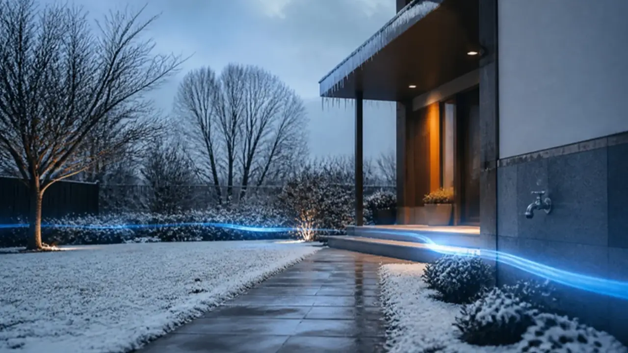 A villa garden near Bucharest in early winter, with a drained outdoor tap and a cleared path in light snow