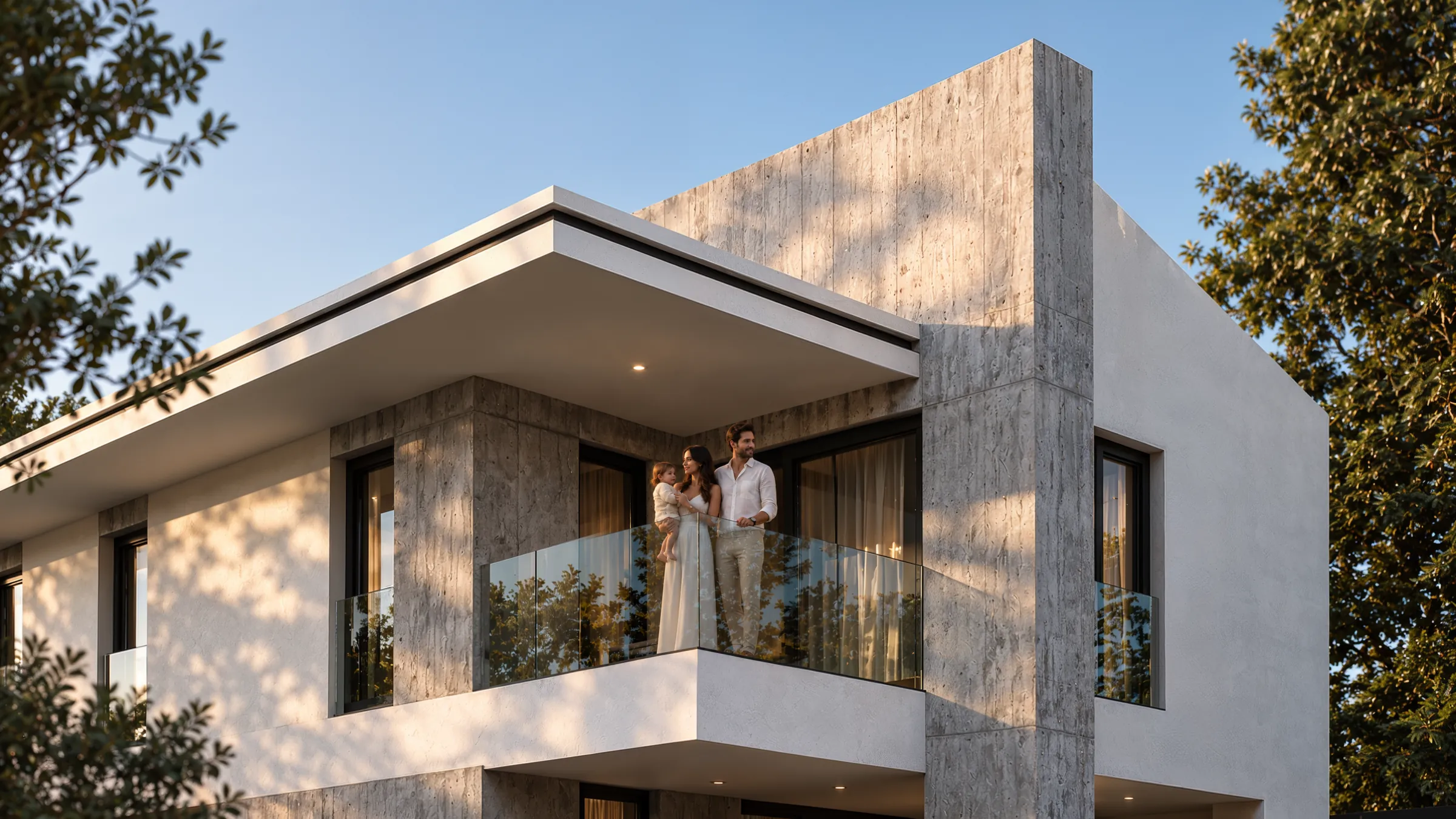 Couple on the balcony of a modern villa at Compass on the Lake, Balotesti, Romania