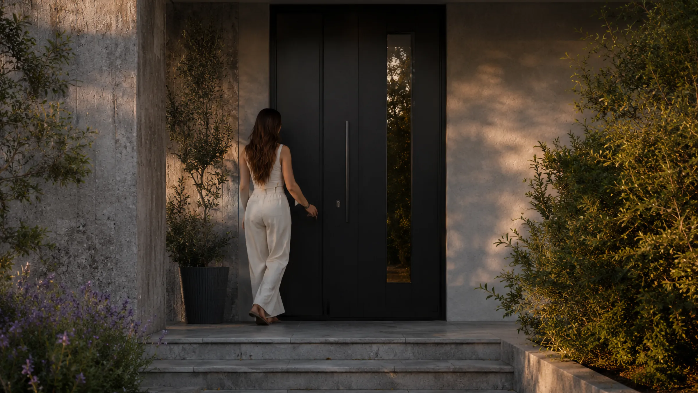 Woman entering a modern villa through the front door, Compass on the Lake, Balotesti