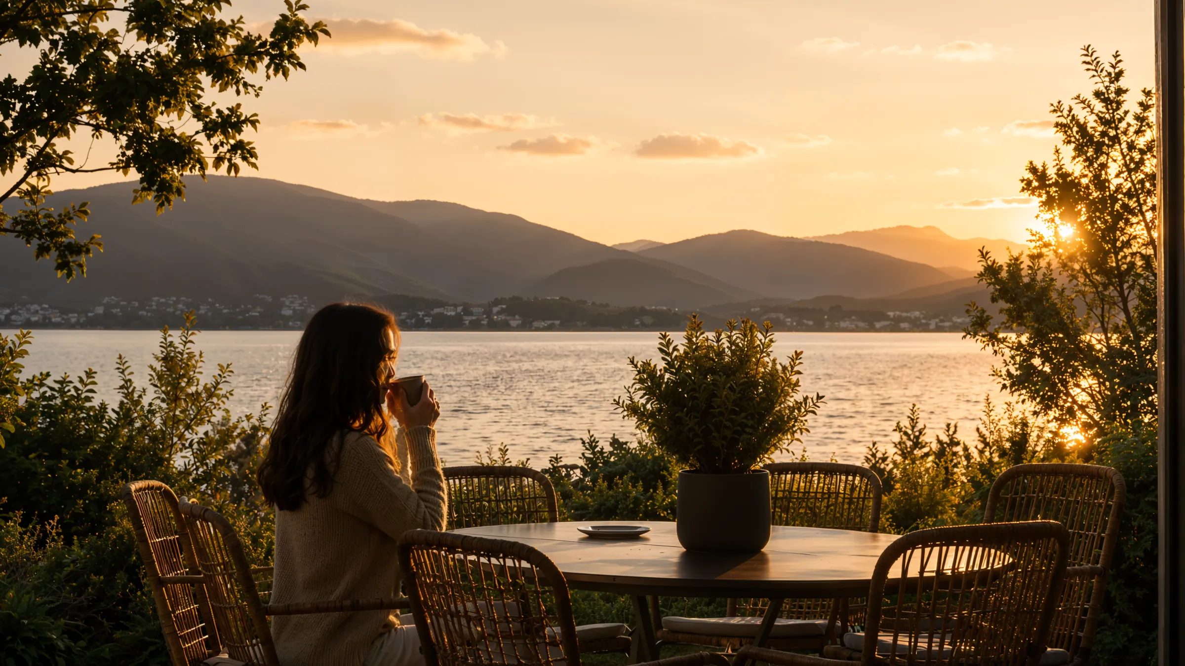 Woman on a lakeside terrace at sunset, Compass on the Lake, Balotesti