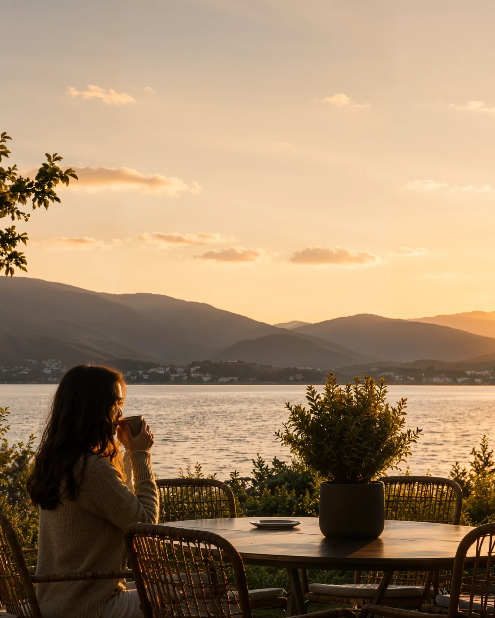 Woman on a lakeside terrace at sunset, Compass on the Lake