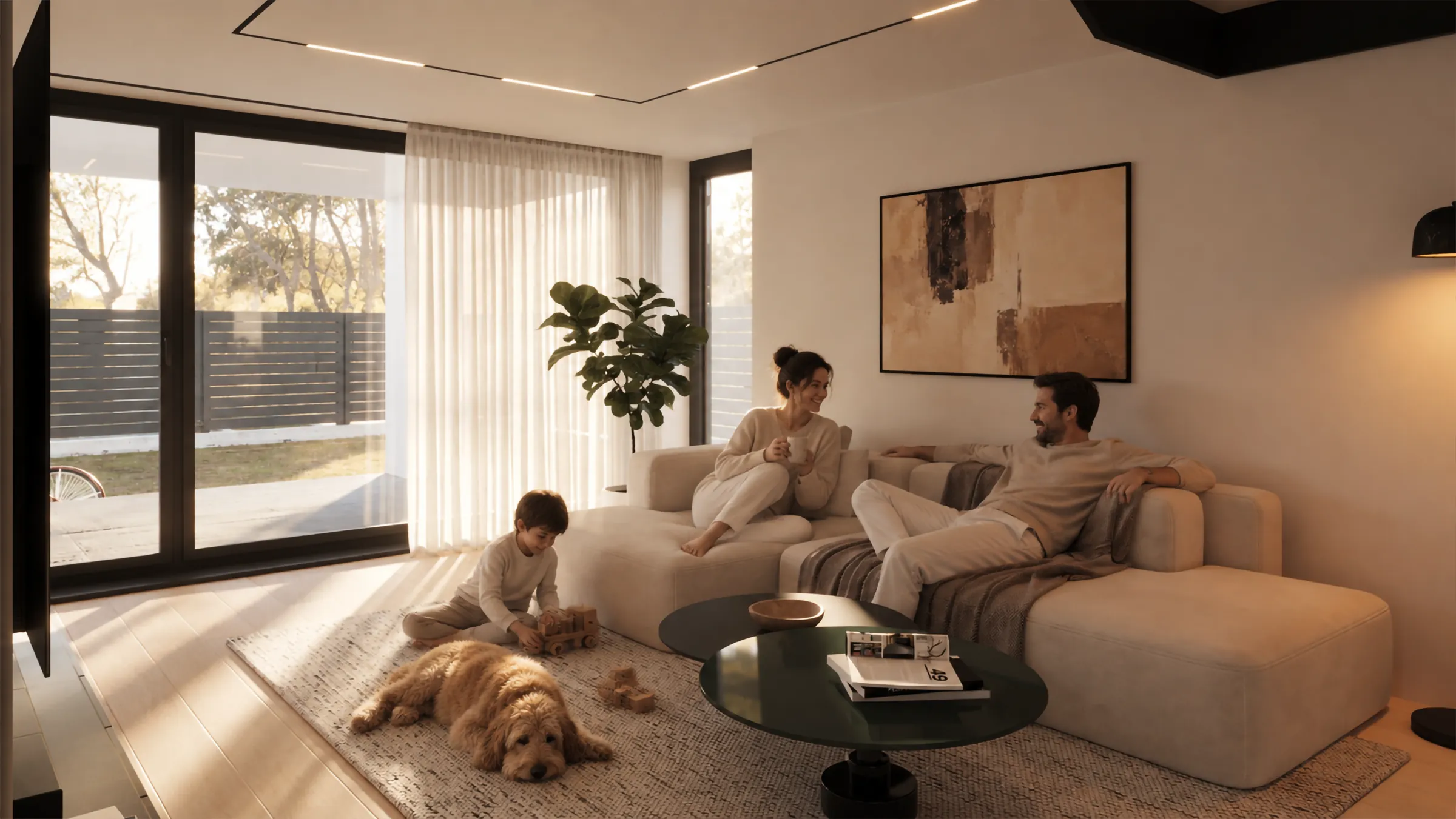 Family with a dog in the living room of a Compass on the Lake villa