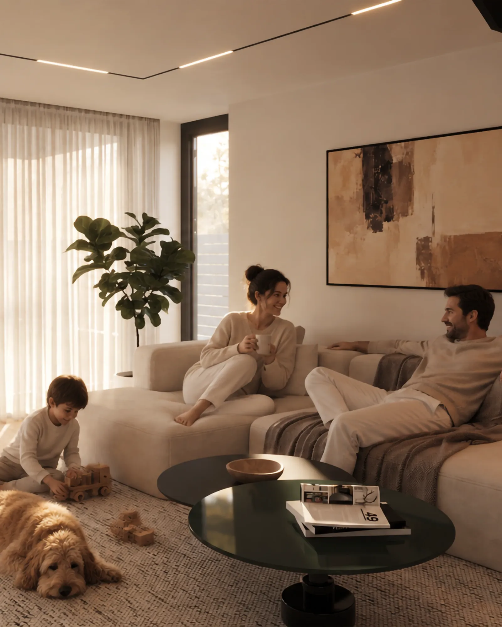 Family with a dog in the living room of a Compass on the Lake villa