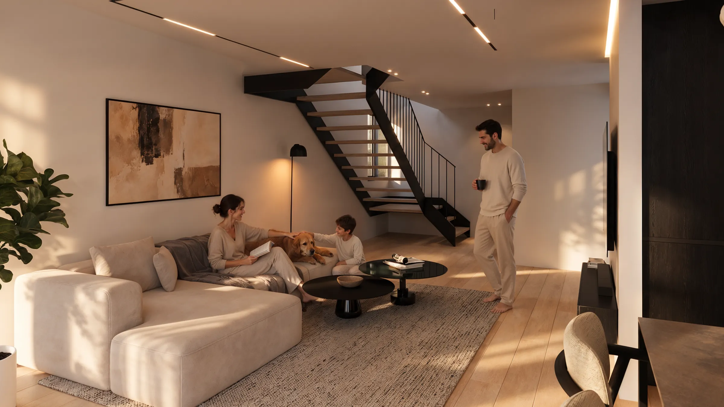 Family in an open-plan living room with a floating staircase, Compass on the Lake villa