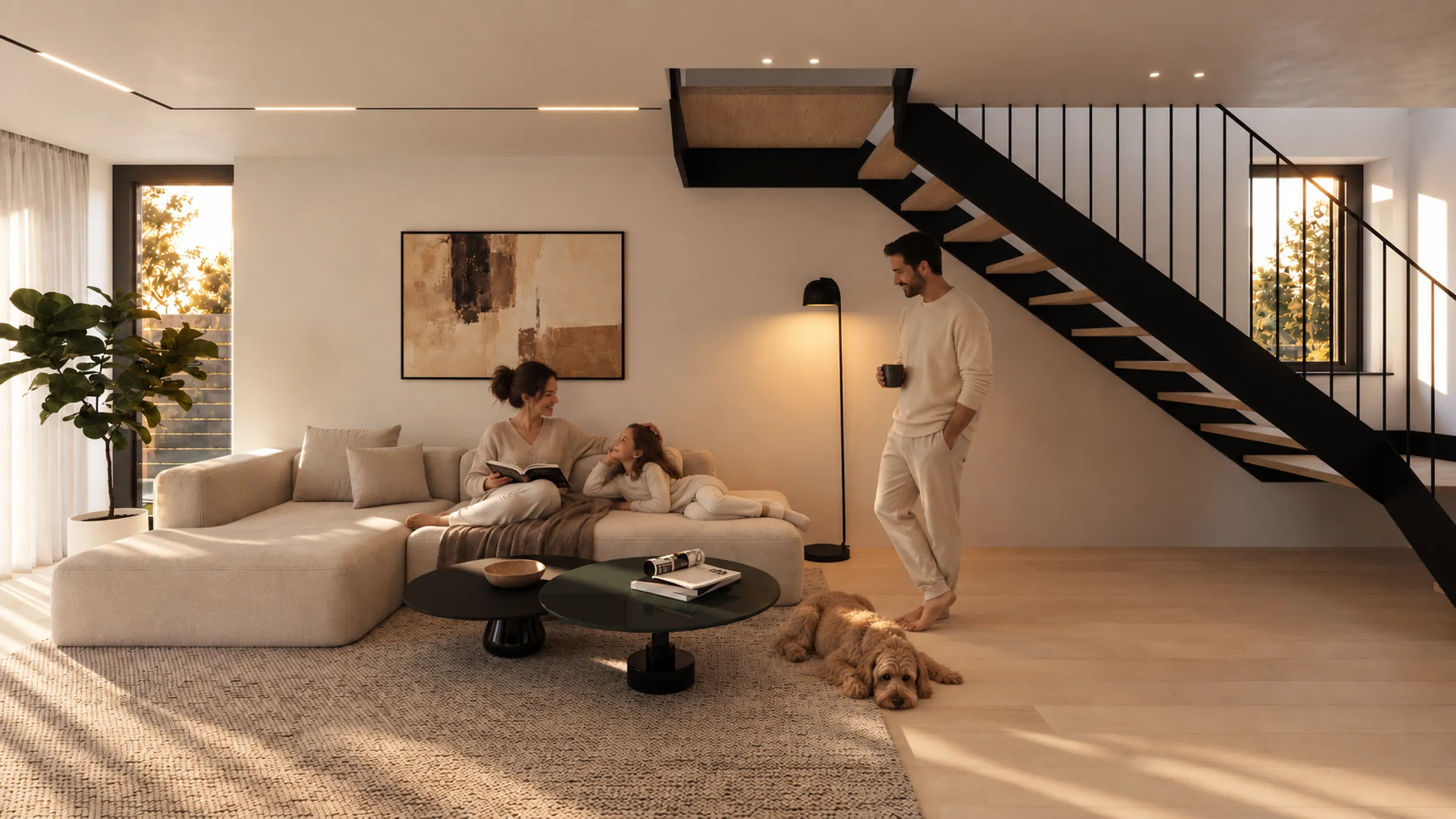 Living room with staircase and family, Compass on the Lake villa, Balotesti