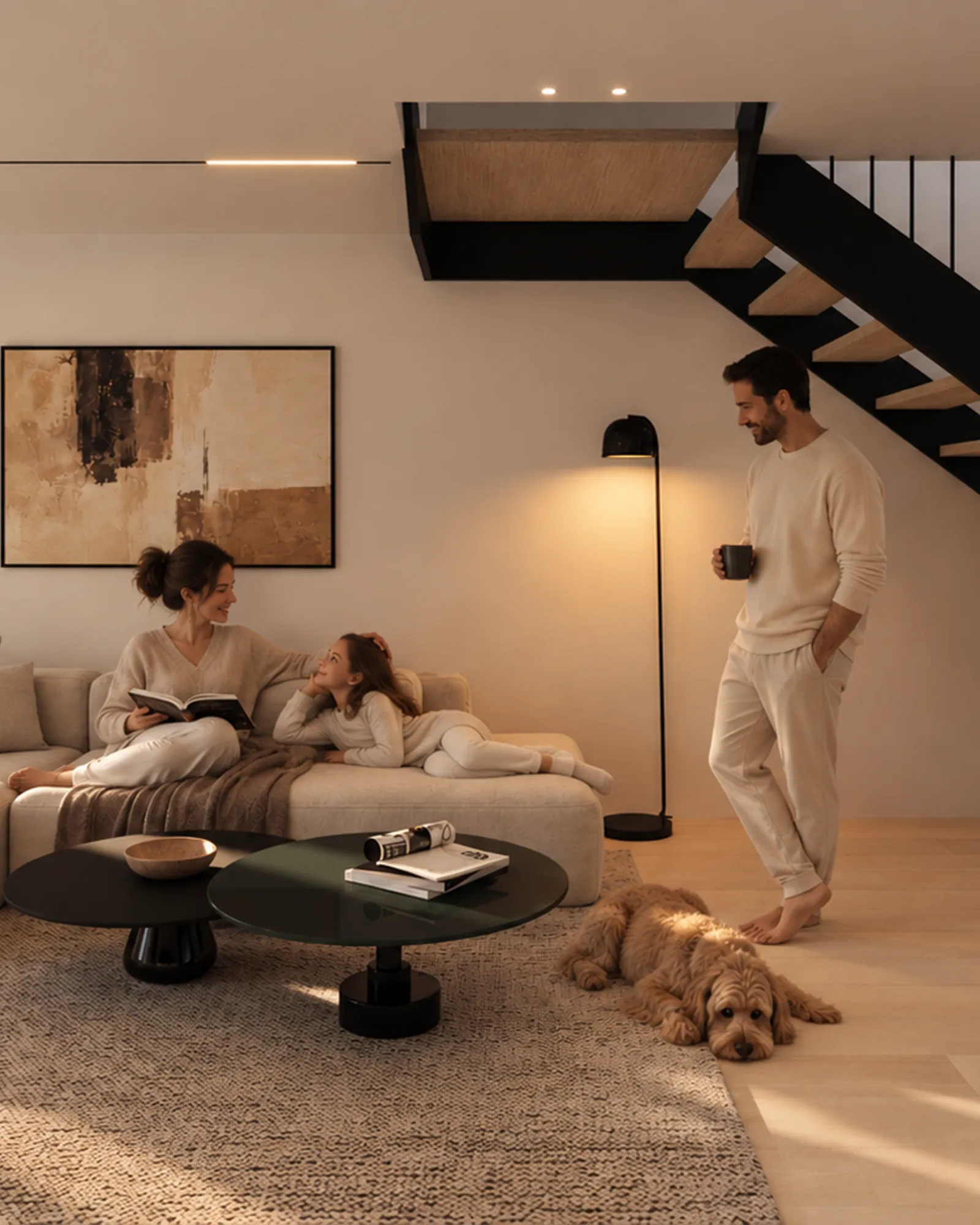 Family in a living room with a floating staircase, Compass on the Lake villa