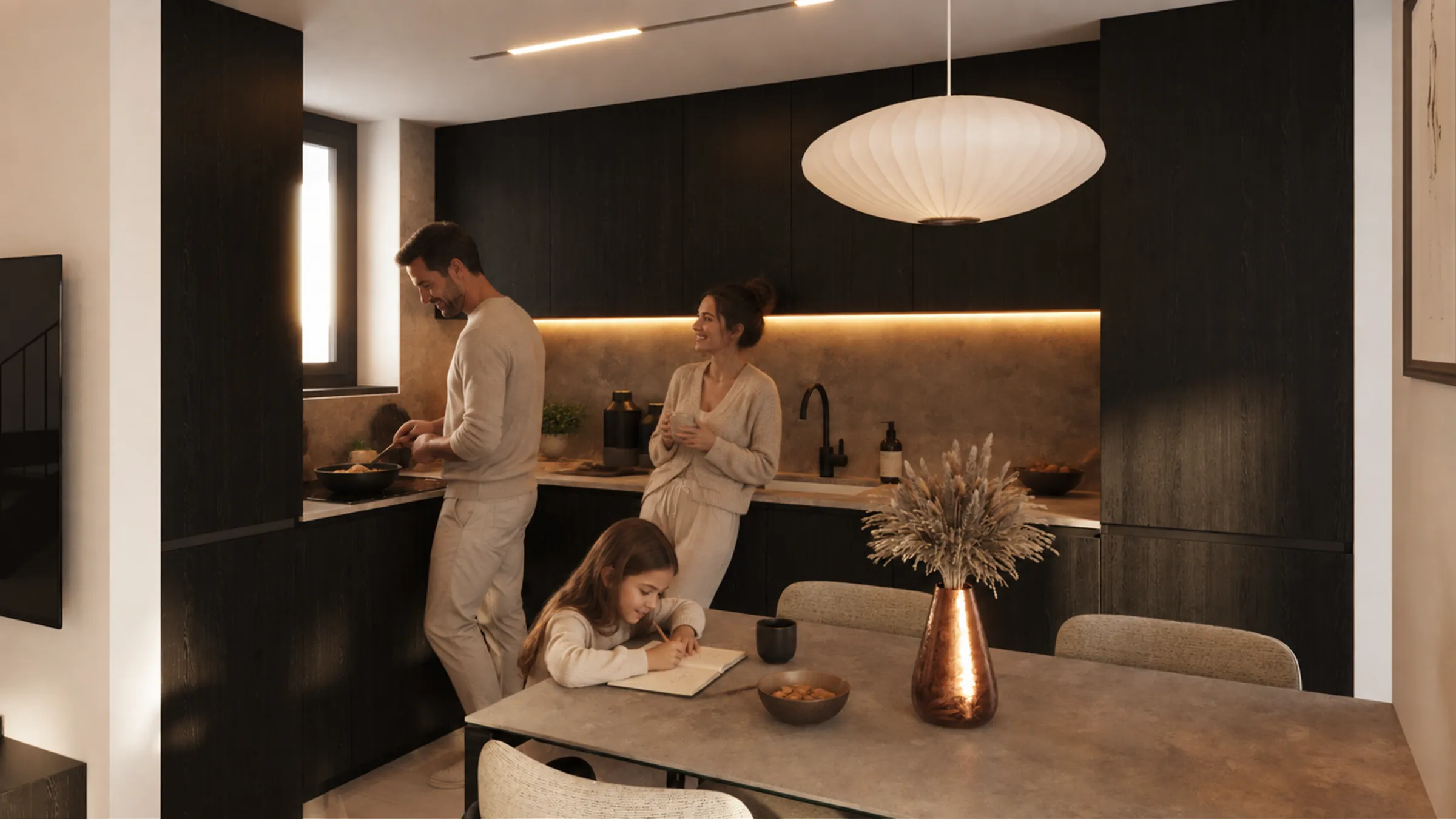 Family cooking in a modern kitchen, Compass on the Lake villa