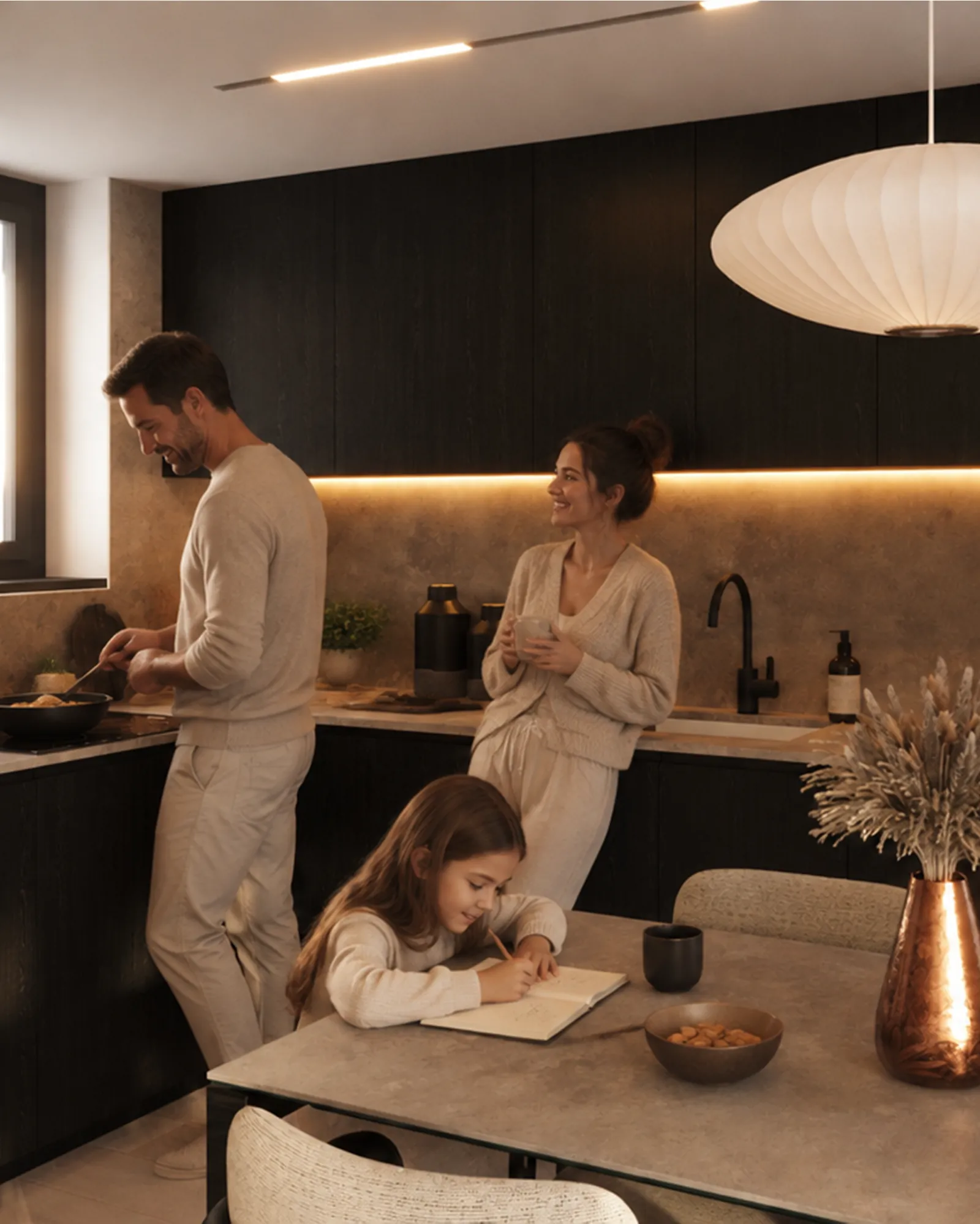Family cooking in a modern kitchen, Compass on the Lake villa