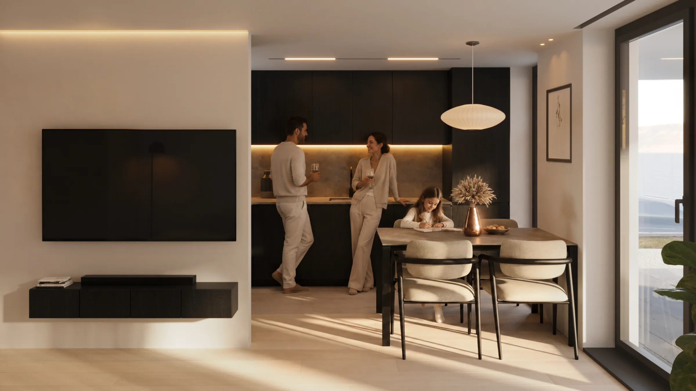 Open-plan kitchen and dining area with residents, Compass on the Lake villa
