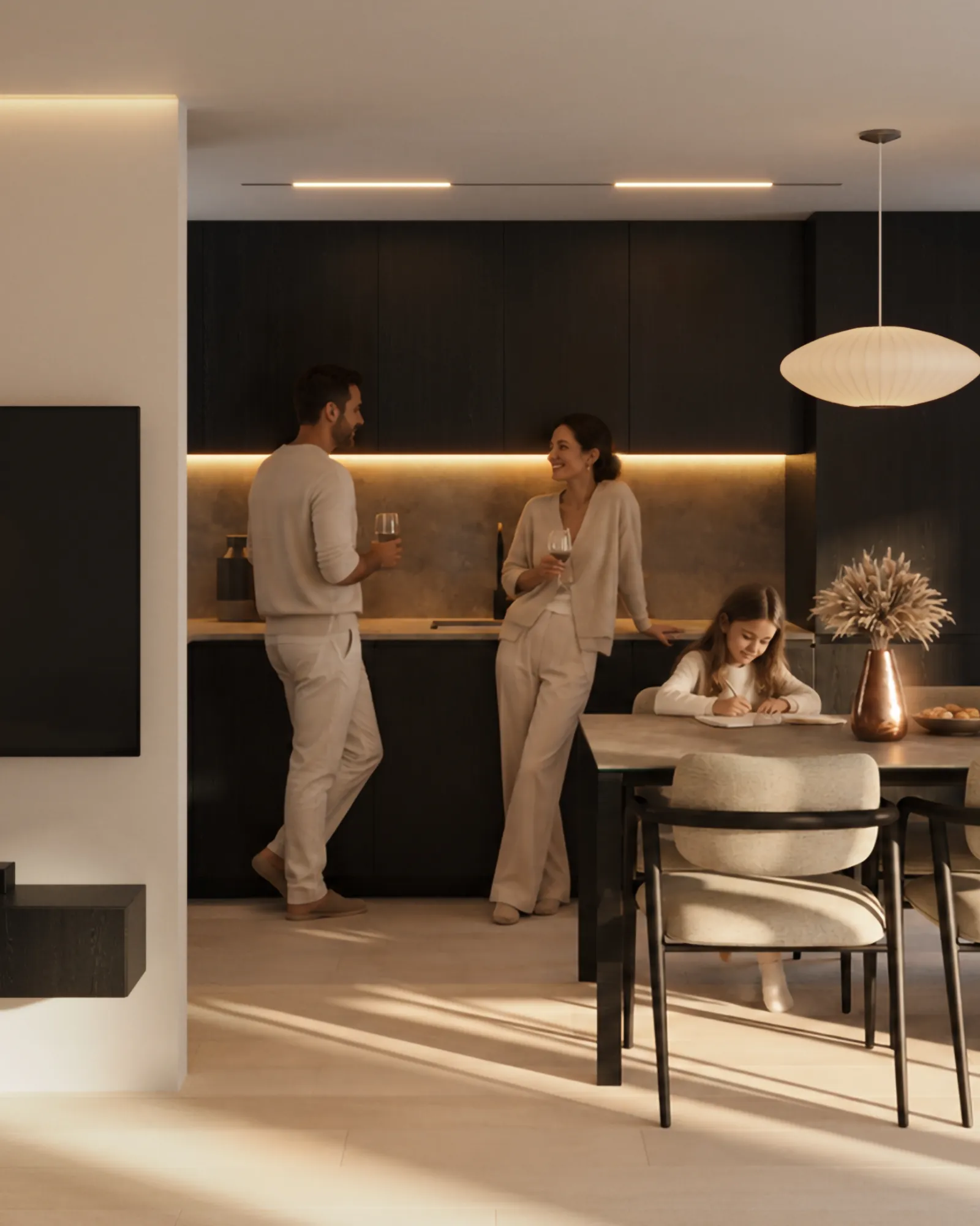 Open-plan kitchen and dining area with residents, Compass on the Lake villa