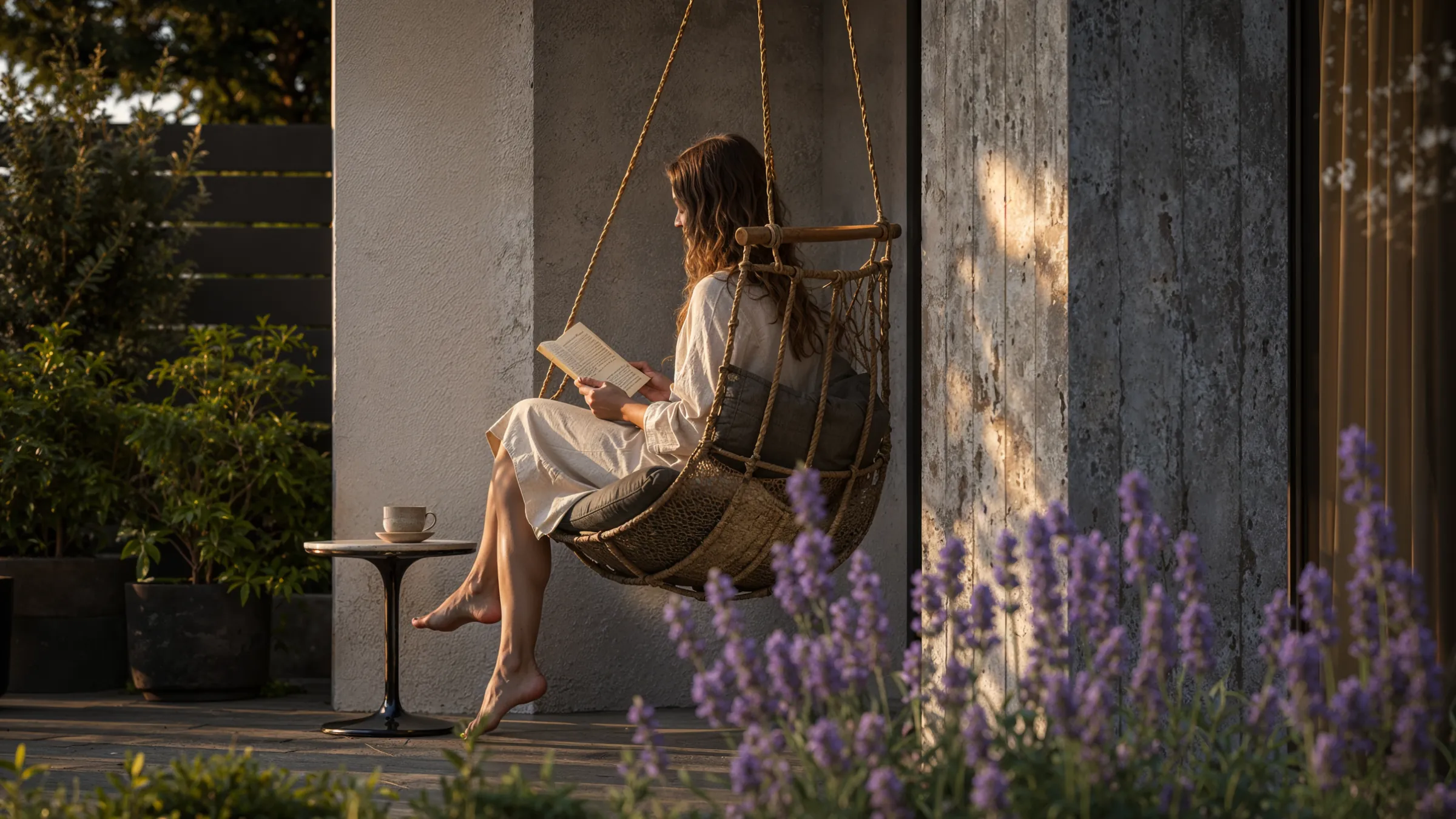 Woman reading in a hanging chair on a villa patio, Compass on the Lake