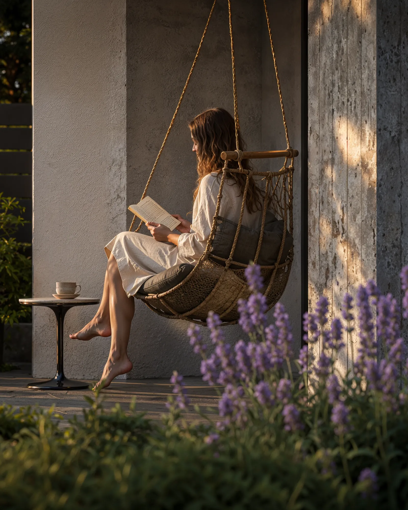 Woman reading in a hanging chair on a villa patio, Compass on the Lake